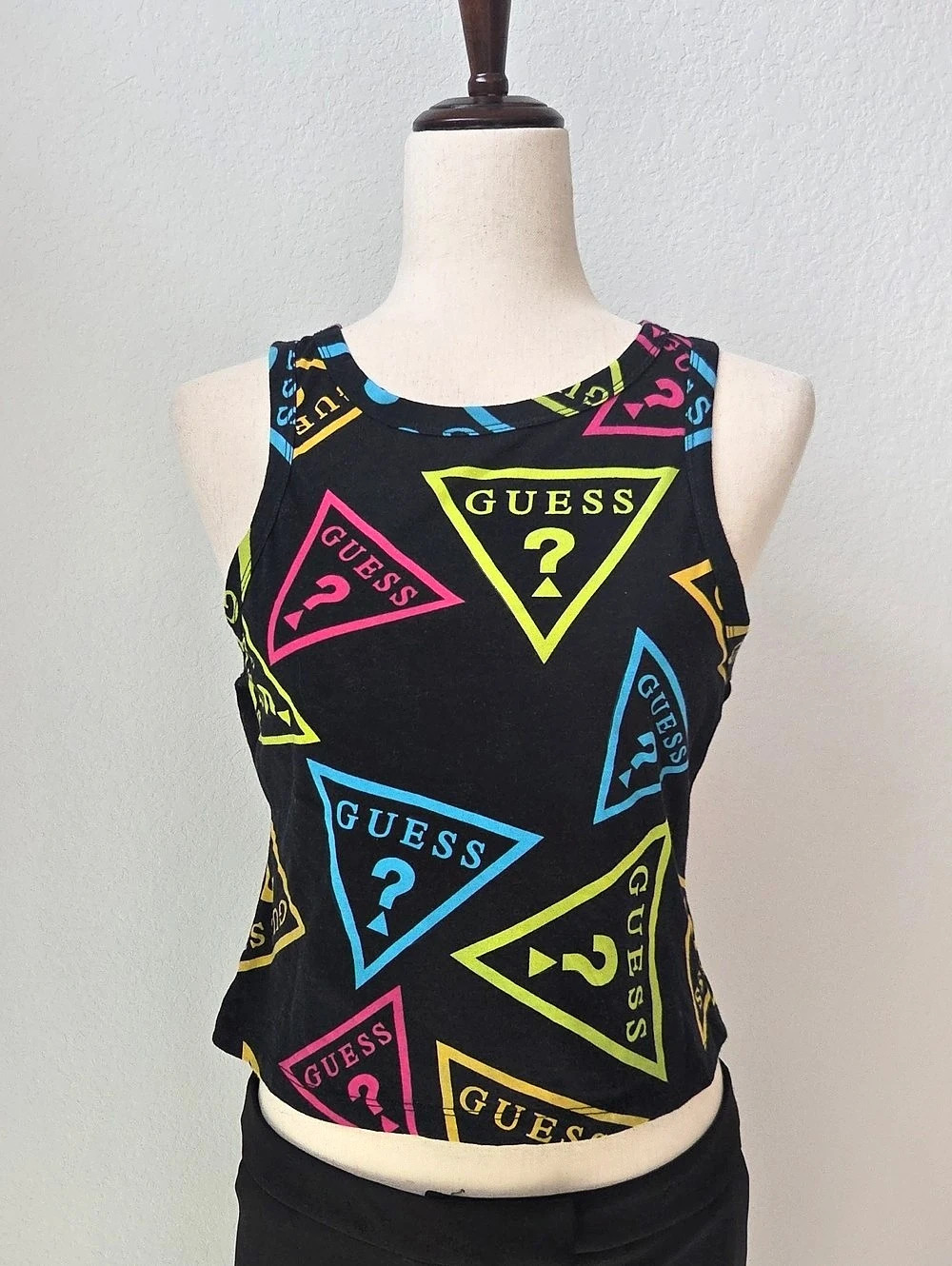 GUESS Women's Geometric Tank Top in Black & Pink Retro 80s Party Sz Large